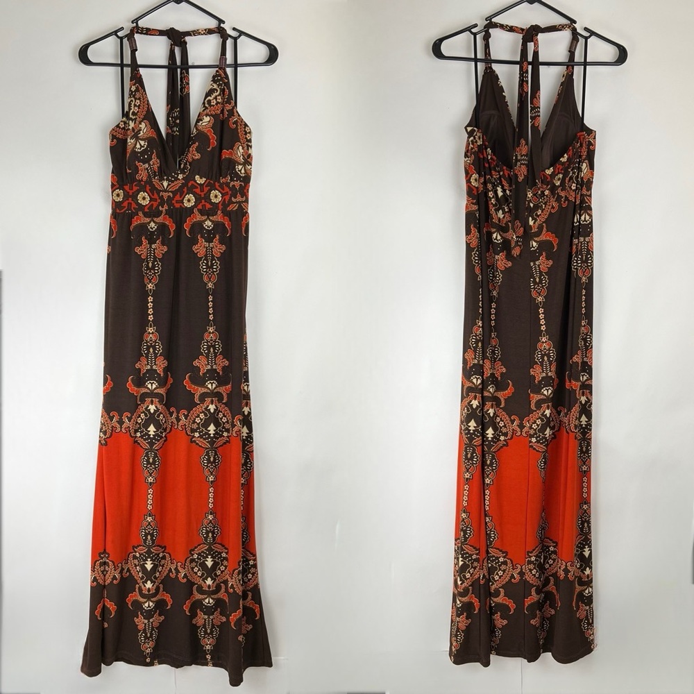 SNAP halter maxi dress v-neck beads orange and brown L